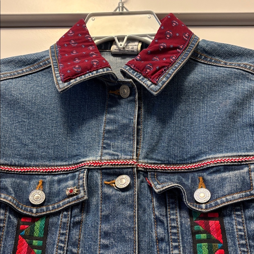 Upcycled Levi's Embellished Blue Denim Jacket with Lace and Gold Leaf Accents XS - Picture 9 of 12